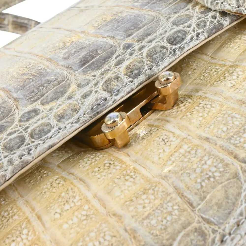 Beige Croc Leather Top Handle Bag